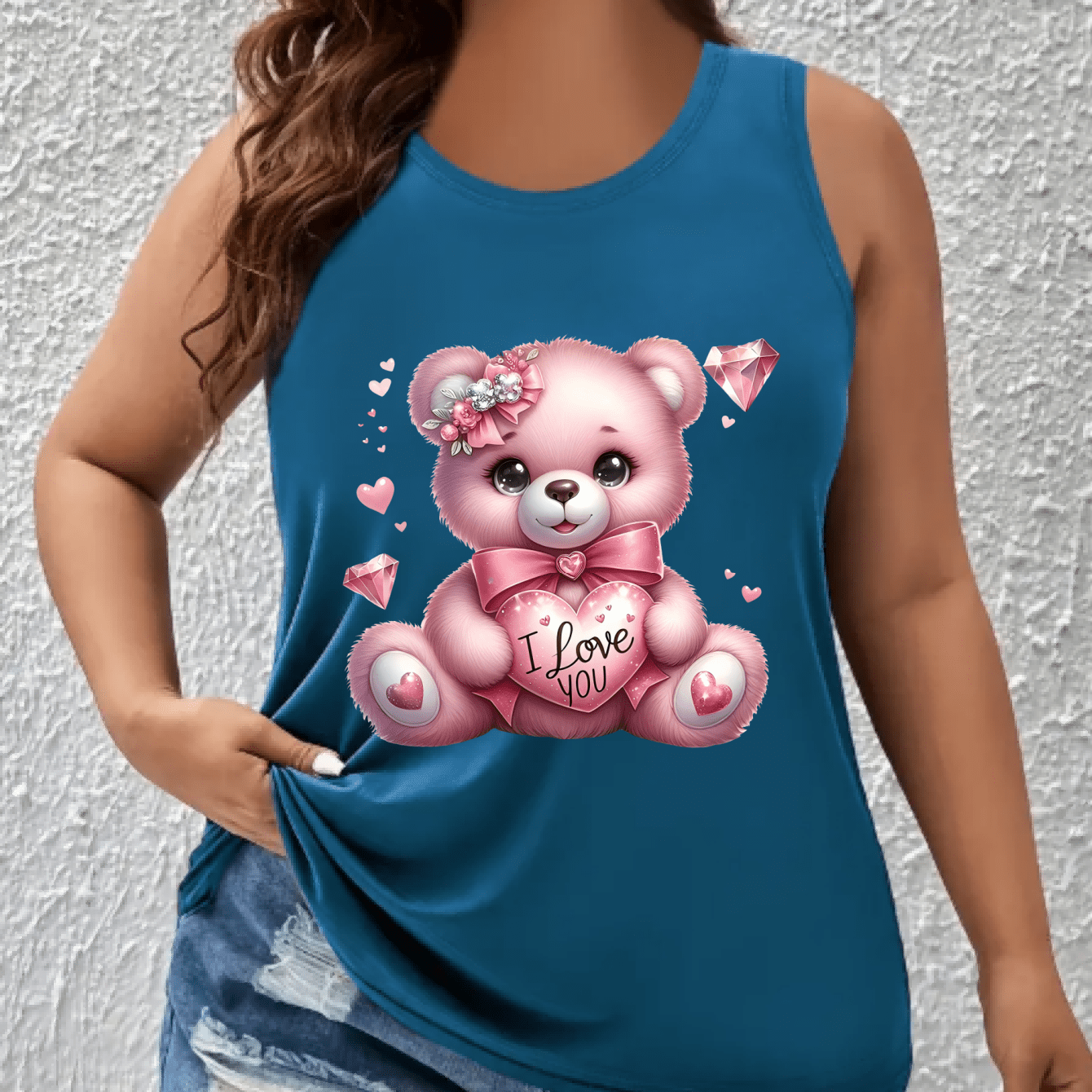 Women's Plus Size Cotton Blend Tank Top Cute Cartoon Bear Pink Sleeveless Shirt