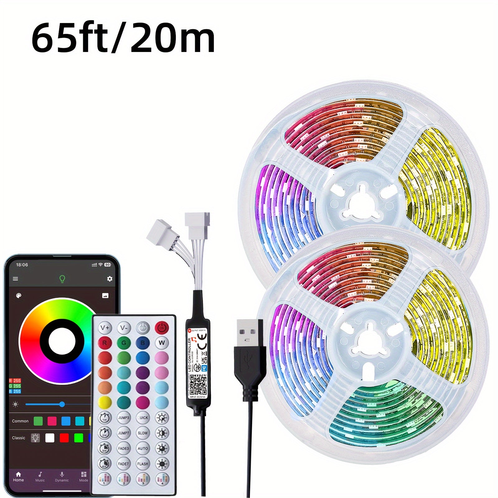 LED Strip Lights 4.88-30.48m with Remote App Control Dimmable Color Changing Music Sync