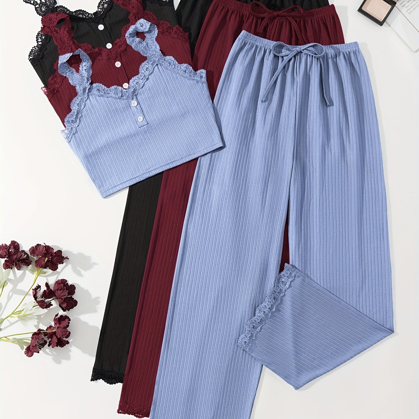 Women's Ribbed Lounge Set with Lace Trim Crop Cami Top and Long Pants