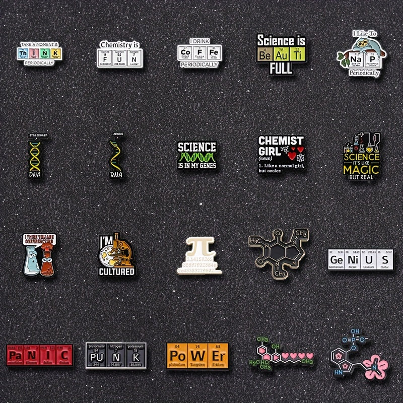 Set of 20 Science Enamel Pins Beakers Gene Chains Elements Lab Brooches for Hats Backpacks
