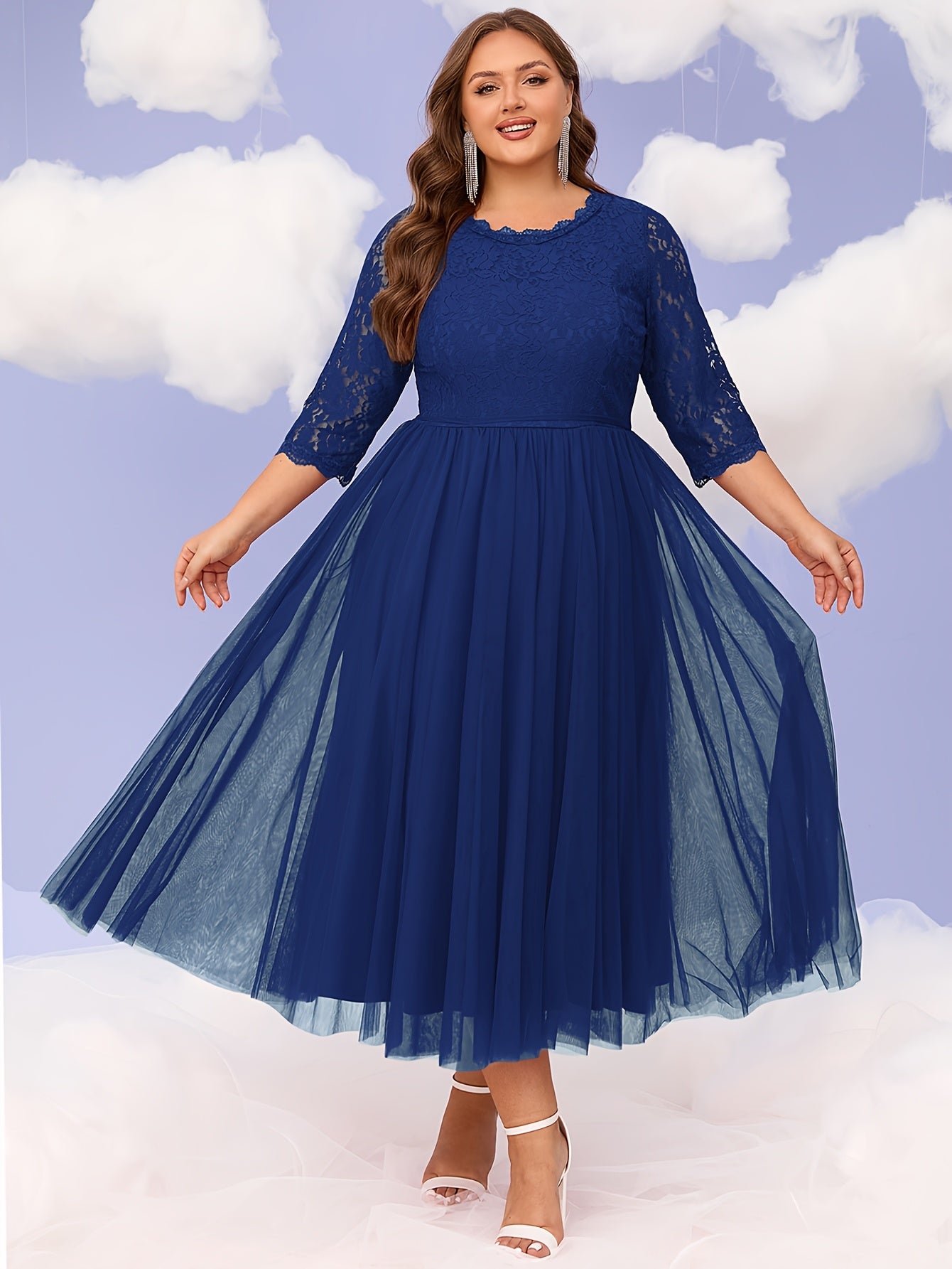 Plus Size Women's Black Lace Evening Gown Formal Party Dress Flared Hem