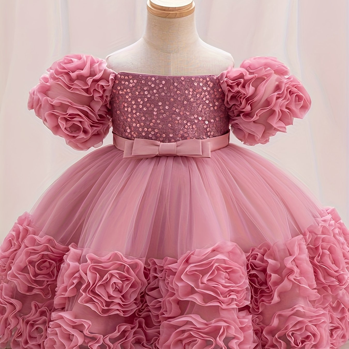 Girls Pink Princess Dress with Sequin Details Puff Sleeves Knee-Length for Pageants and Performances