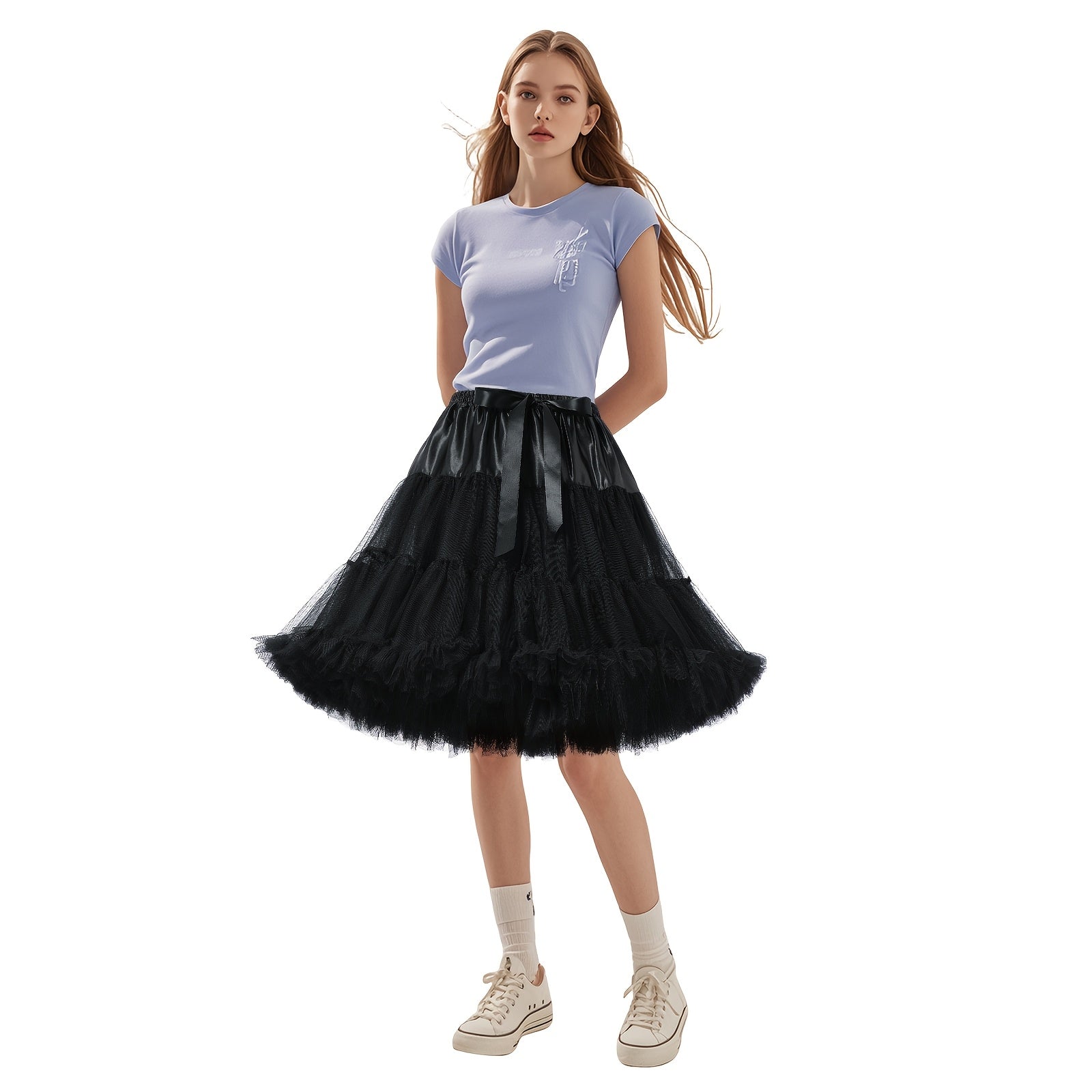 Women's Multi-Colored Tulle Pleated Skirt High Waist Voluminous Polyester Spandex