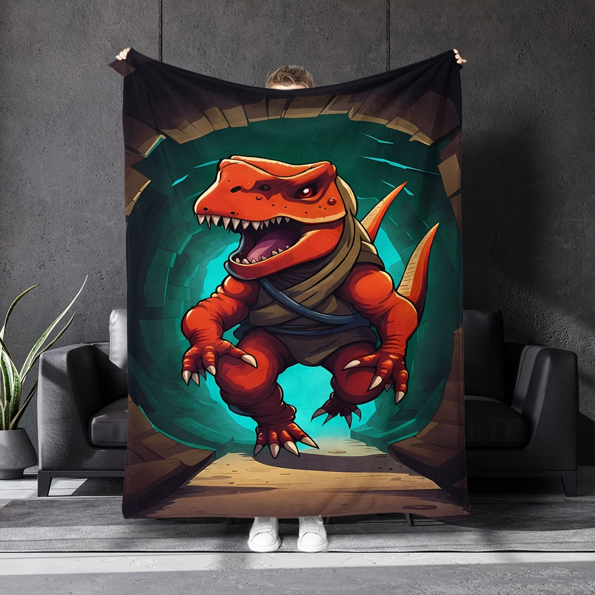 Cartoon Dinosaur Print Knitted Polyester Throw Blanket for Kids and Adults