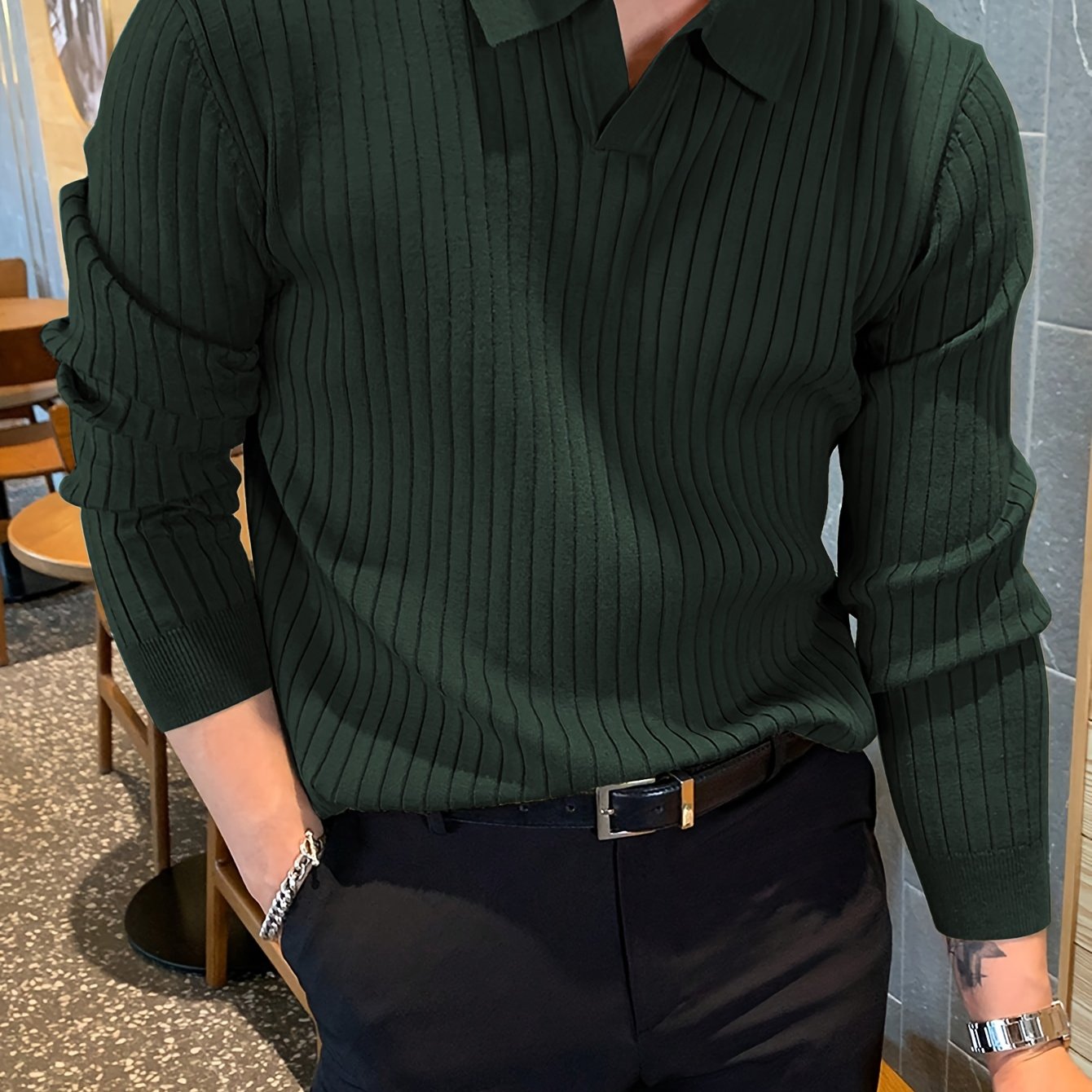 Men's V-Neck Sweater for Autumn and Winter Knit Fabric Solid Color Casual