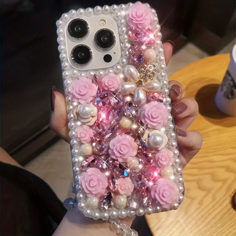Pearl Frame Crystal Flower Phone Case for iPhone 16 Pro Max with Lanyard and Shockproof TPU