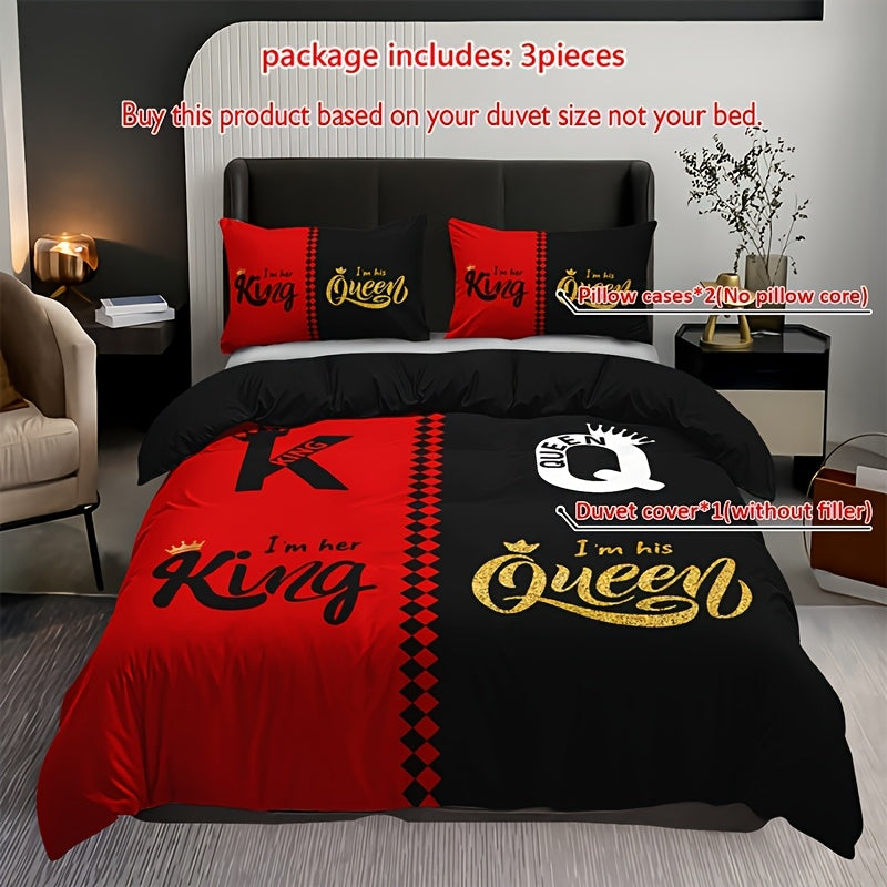 Black and Grey Duvet Cover Set with Crown Lettering Design Includes 1 Duvet Cover and 2 Pillowcases