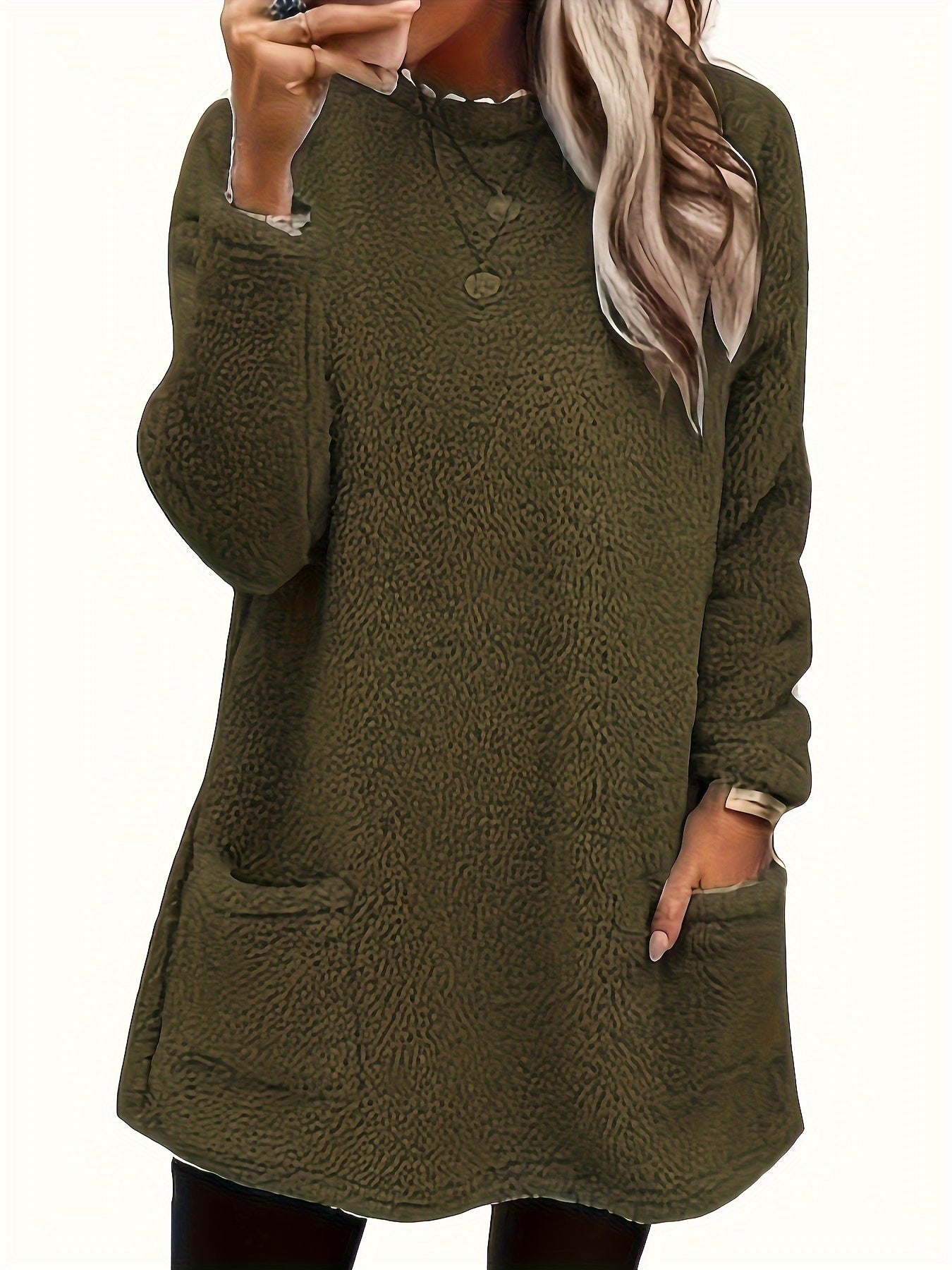 Plus Size Women's Fleece Sweatshirt Long Sleeve Round Neck Pockets