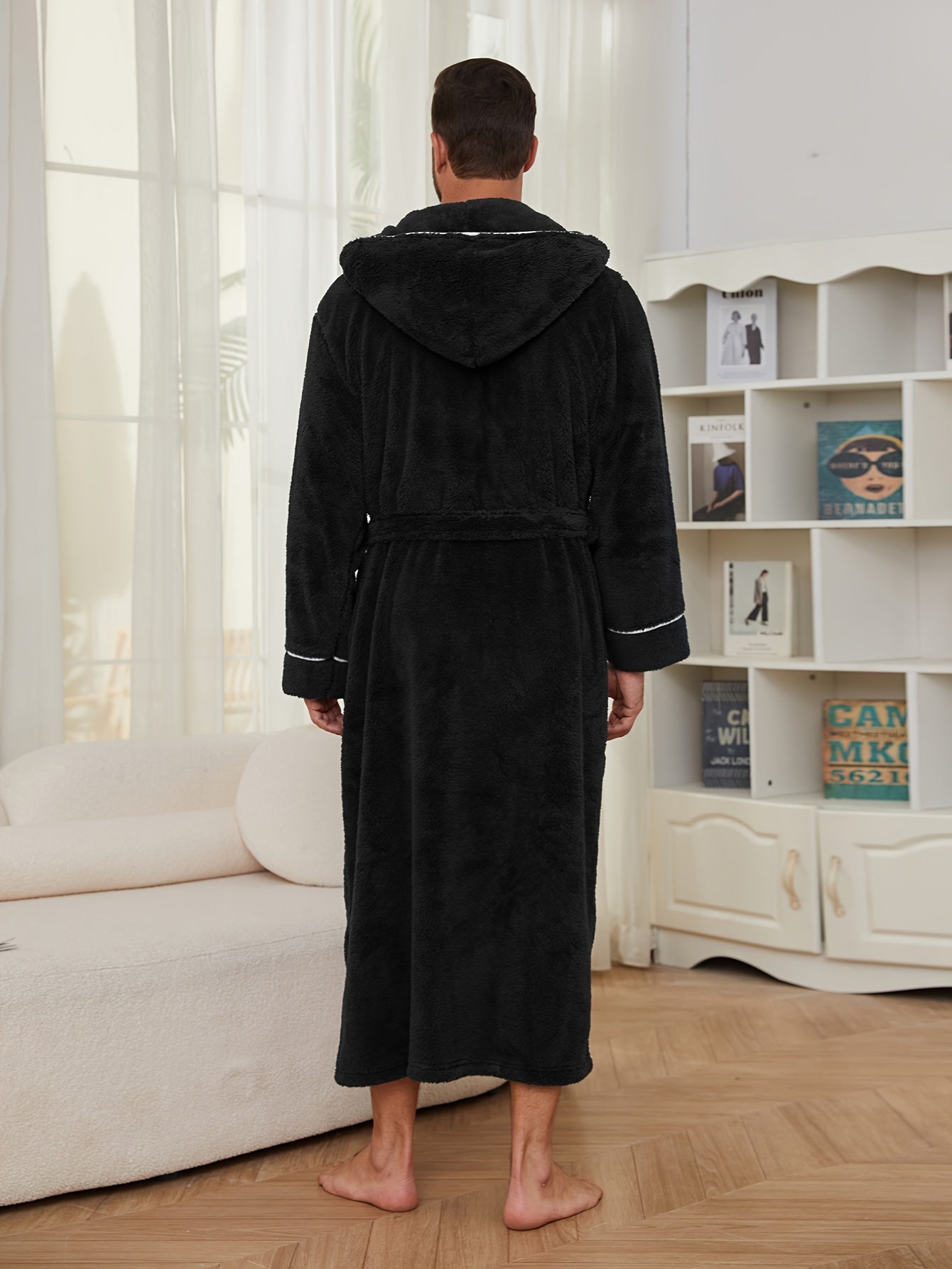 Men's Flannel Fleece Robe with Hood Pockets Belt for Fall Winter Lounge