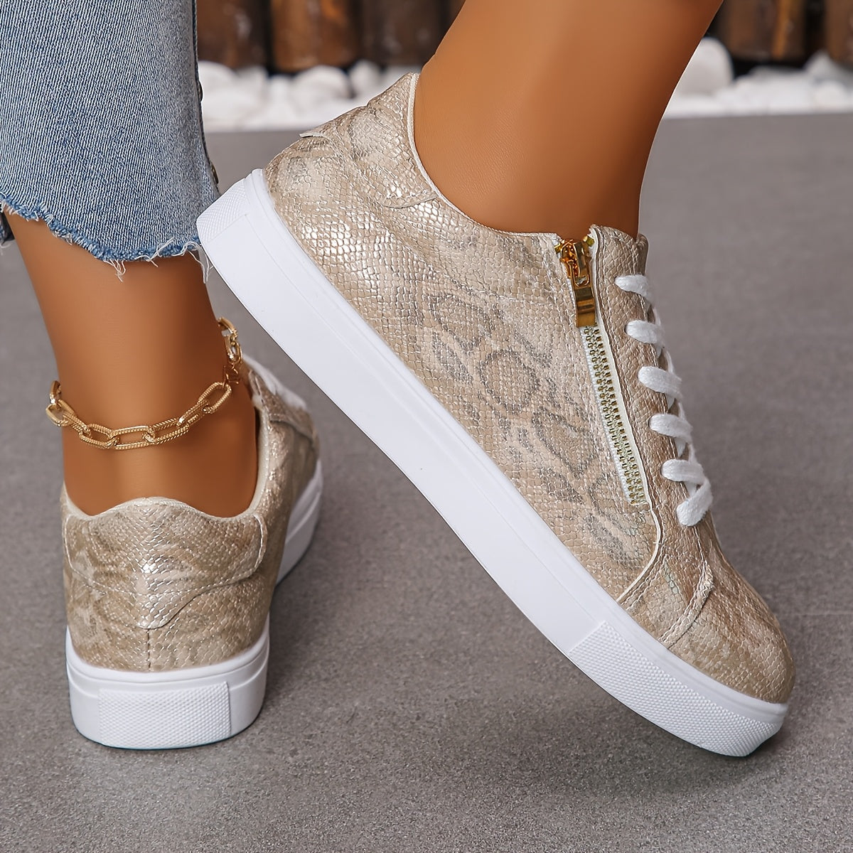 Women's Metallic Gold Snake Faux Leather Low-Top Sneakers
