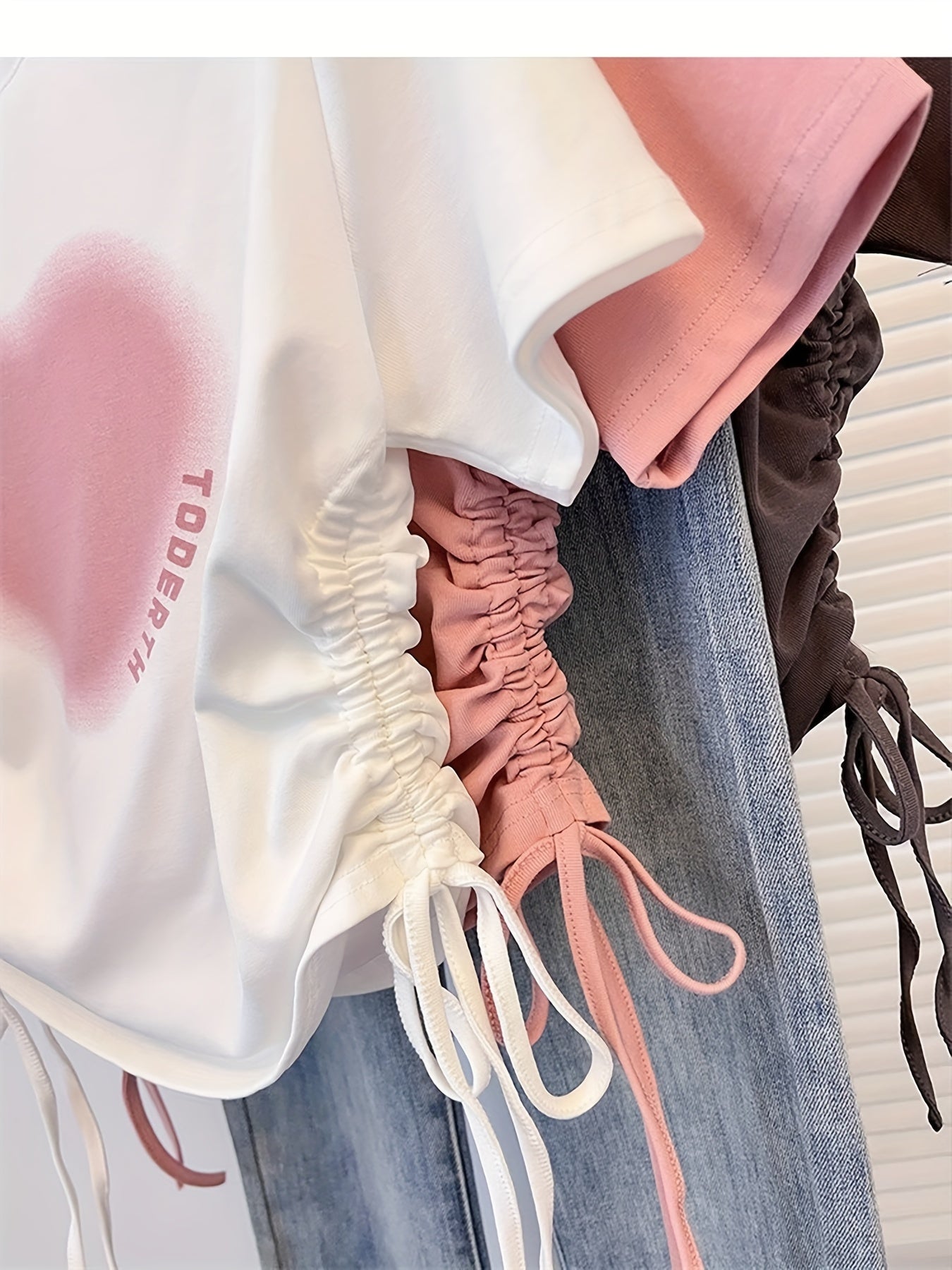 Women's Heart Print Crop Top Short Sleeve Drawstring Summer T-Shirt