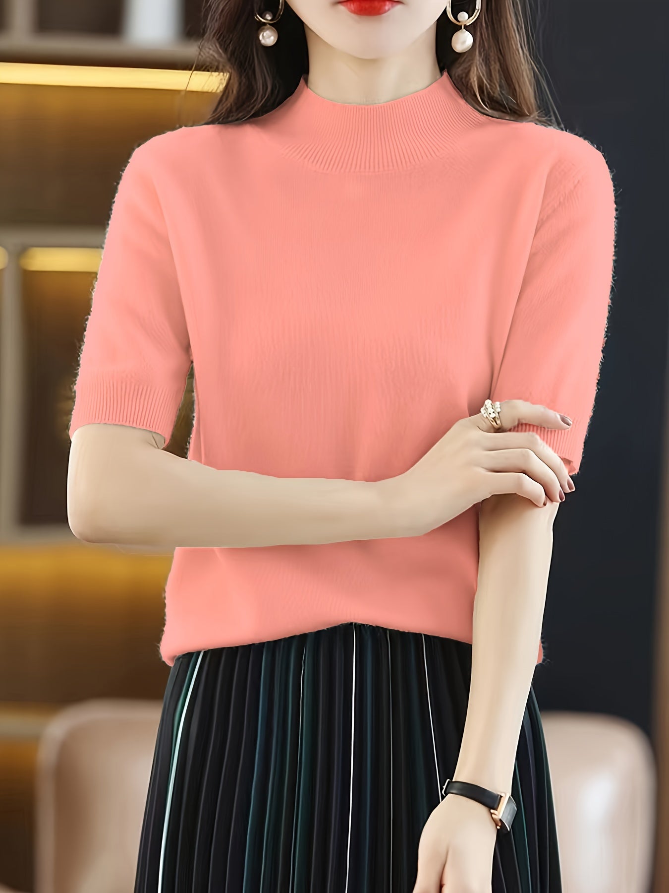 Suéter de punto para mujer con cuello alto de canalé, color sólido, para todas las estaciones