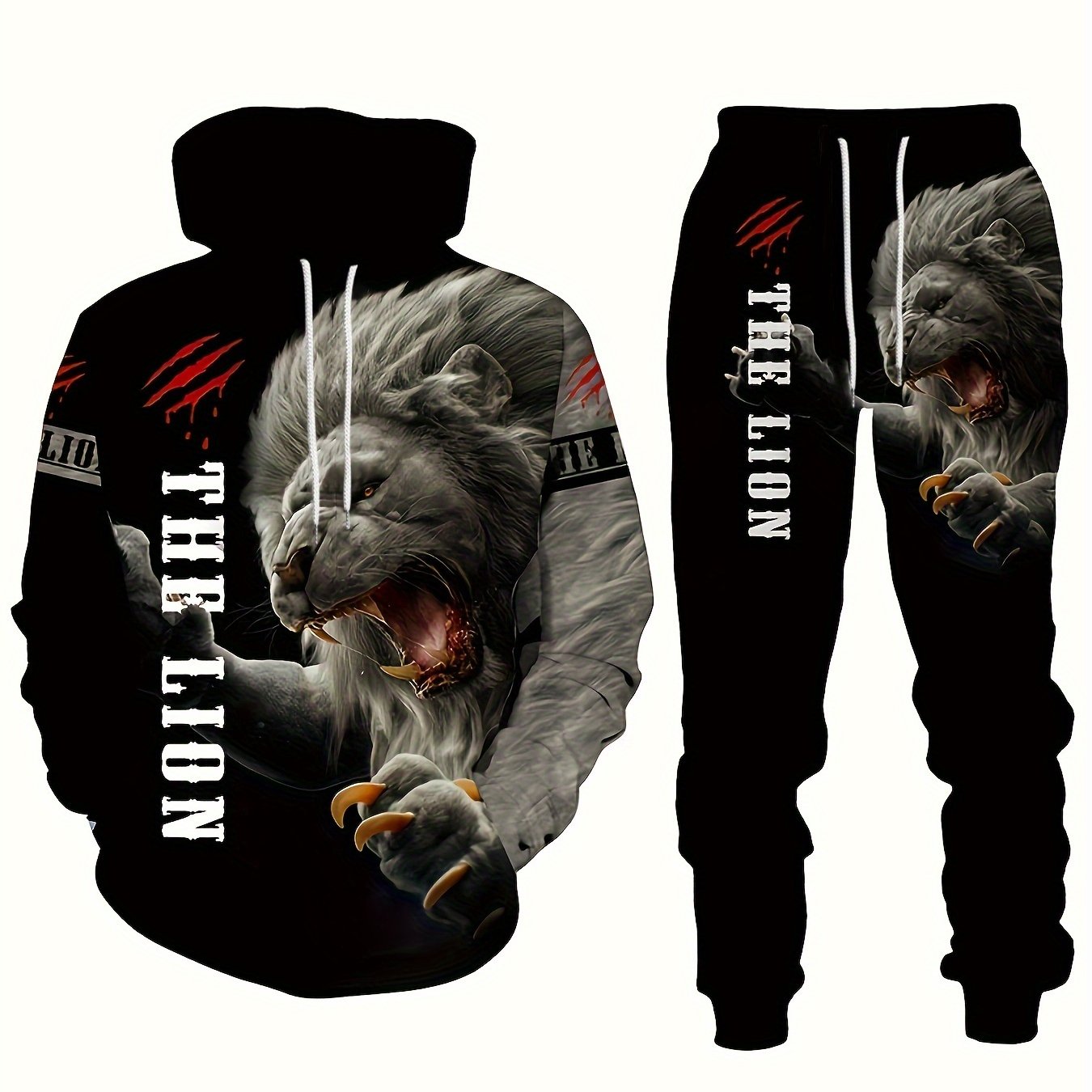 Men's Plus Size Lion Print 3D Hoodie and Sweatpants Set for Autumn Winter