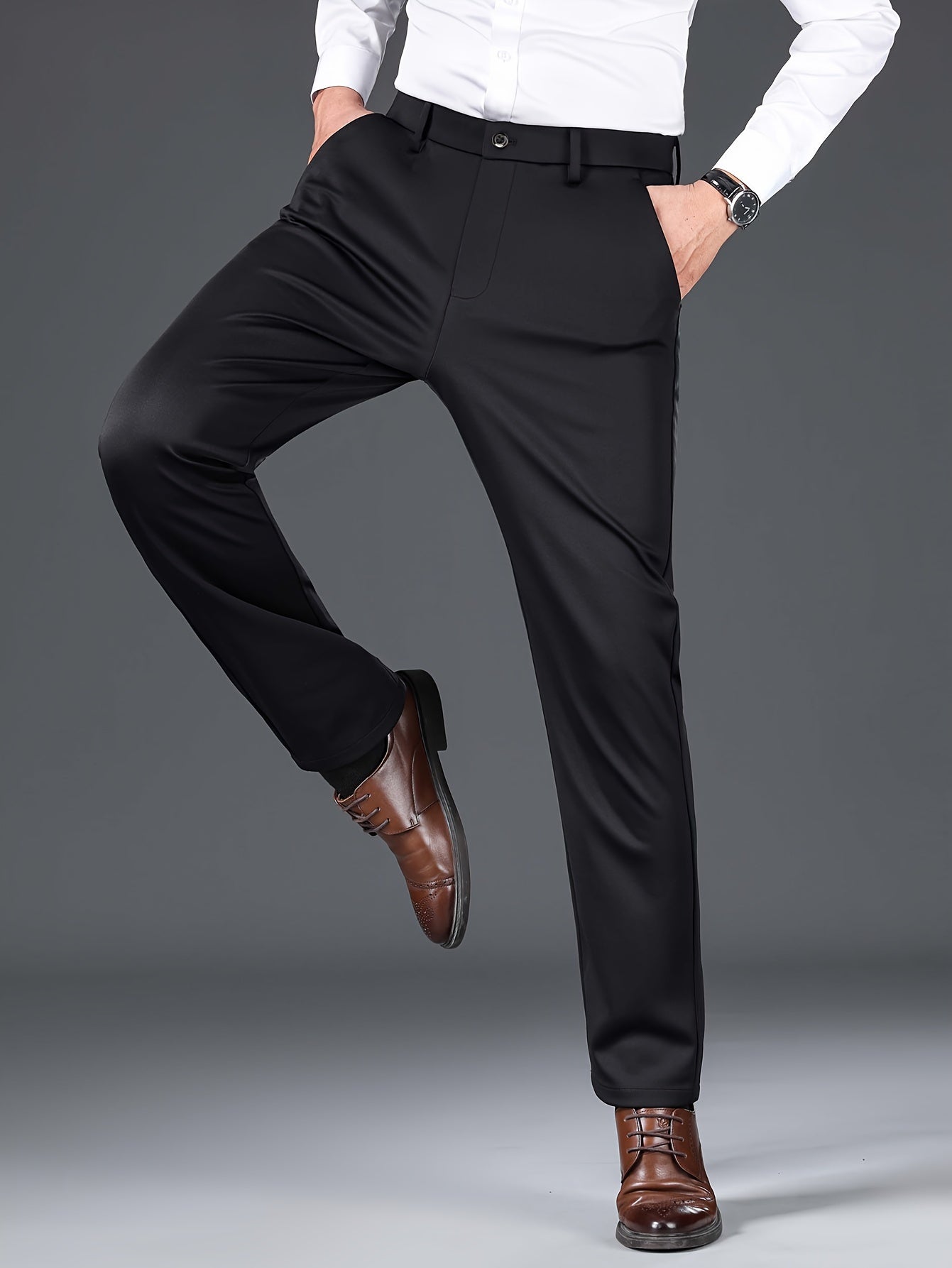 Men's Elastic Casual Pants Summer Wrinkle-Free Polyester Skinny Fit Belted