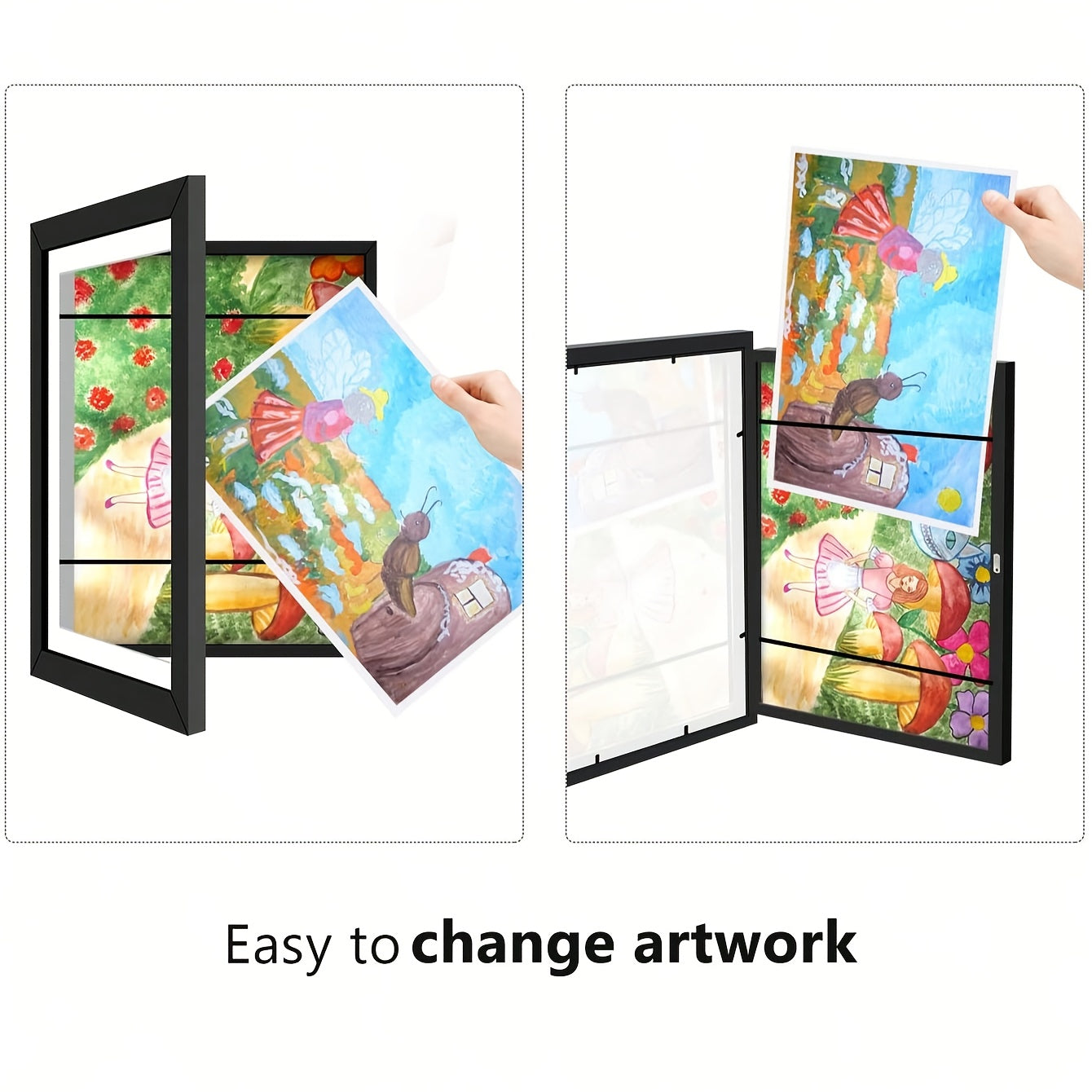 2 ta A4 yog'och devor ramkalar to'plami, oldinga ochiladigan rasmlar uchun, zamonaviy shaffof magnitli burilish dizayni