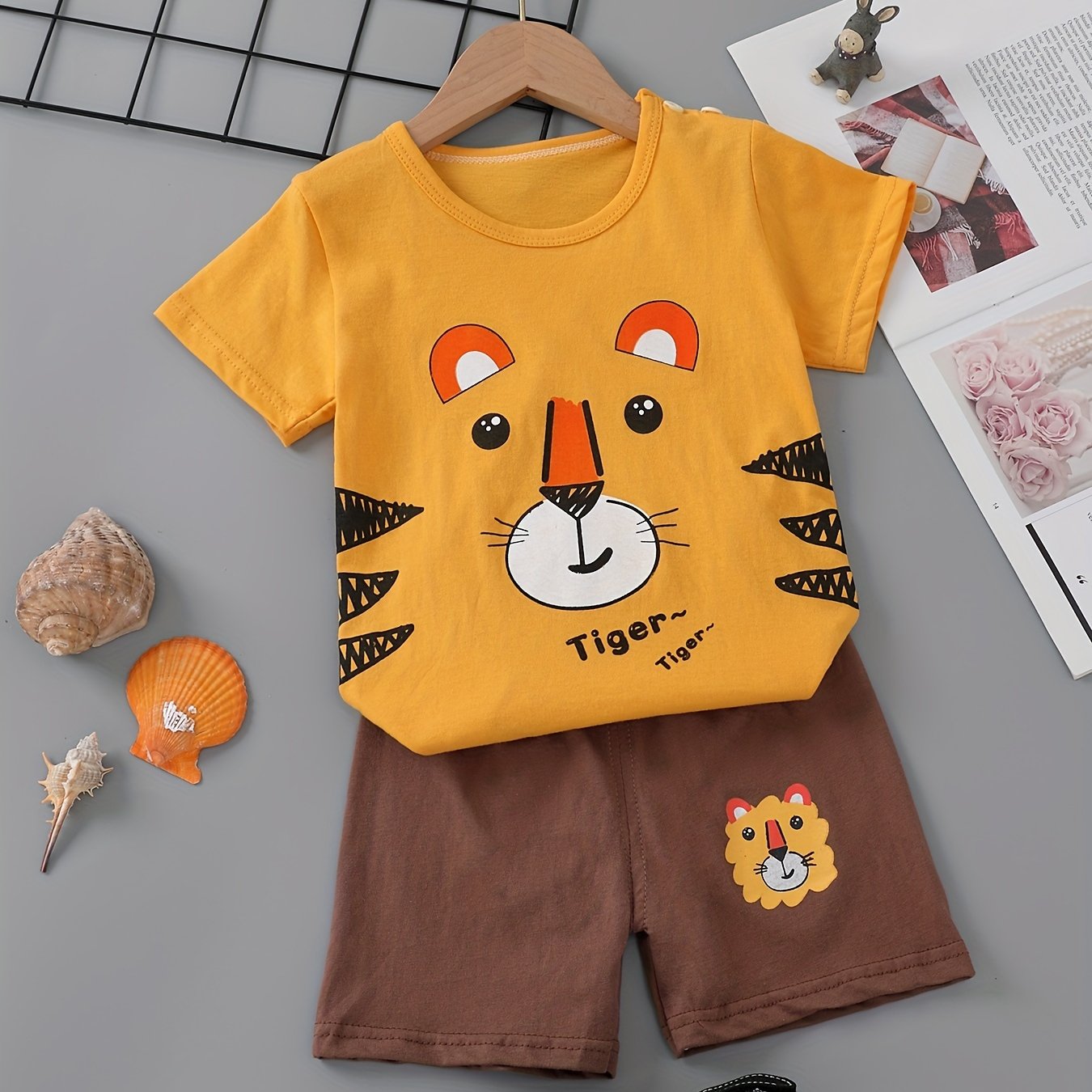 Boys Cotton Tiger Print T-Shirt and Shorts Set for Summer Outdoor Indoor Wear
