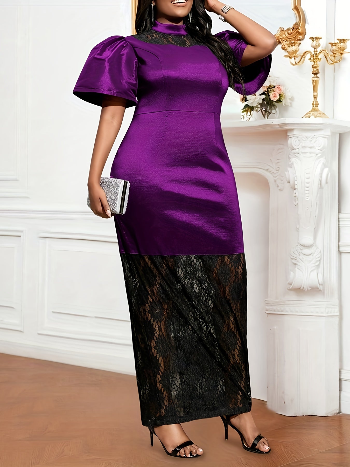 Plus Size Purple Lace-Trim Maxi Dress for Women Flared Short Sleeve Party