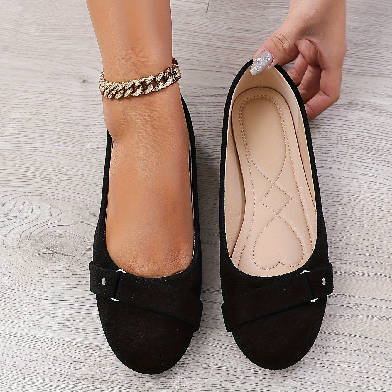 Women Black Flannel Slip-On Ballet Flats with Ankle Strap Casual Shoes