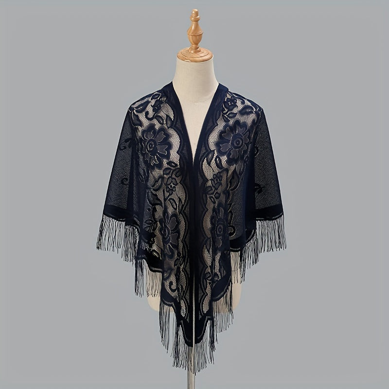 Elegant Women's Cardigan Shawl with Monochrome Lace Tassel Embroidery