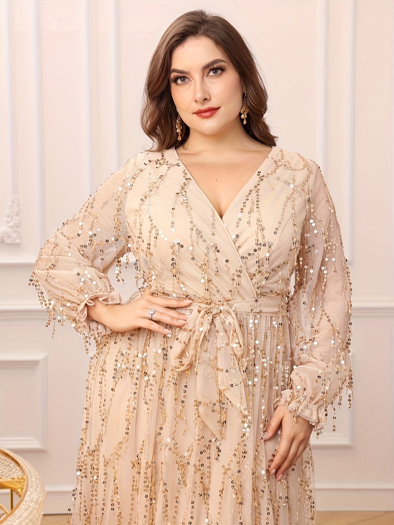 Plus Size Women's Black V-Neck Sequin Fringe Formal Gown for Prom Bridesmaids