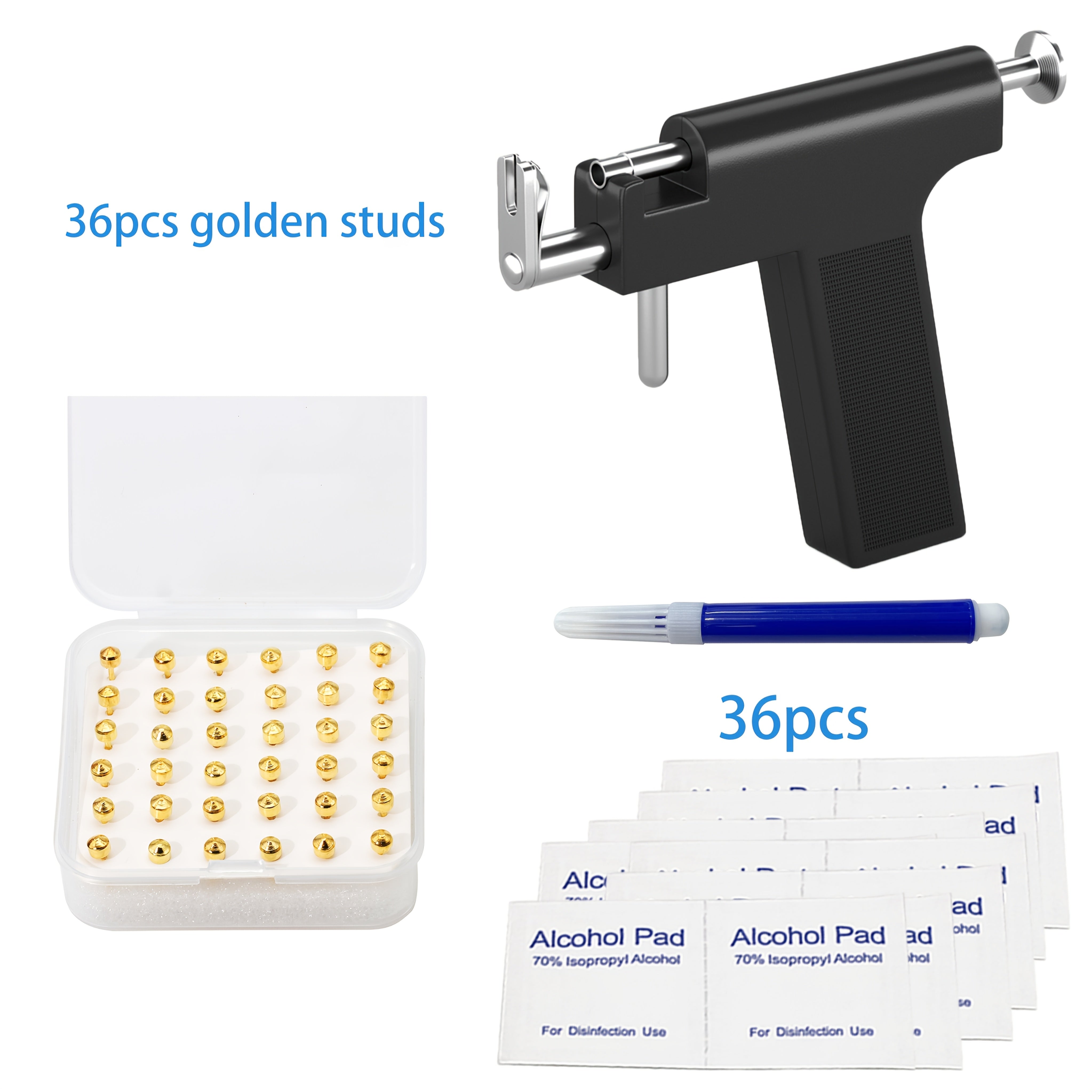 Kit de perforación de orejas con pistola reutilizable, pendientes hipoalergénicos, solución desinfectante