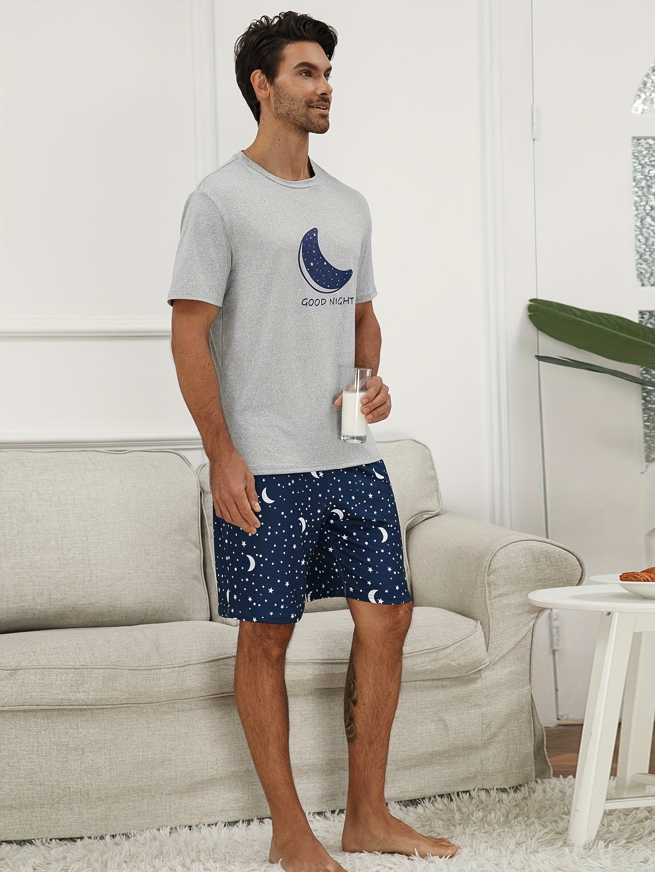 Men's Short Sleeve Galaxy Moon Print Pajama Set Polyester Casual Sleepwear