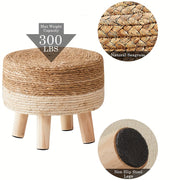Handwoven Seagrass Round Footstool with Pine Wood Legs Non-Skid Base Rustic Home Decor