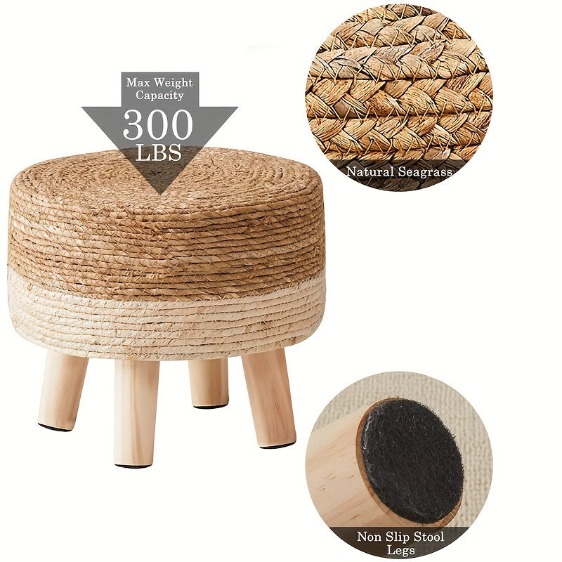 Handwoven Seagrass Round Footstool with Pine Wood Legs Non-Skid Base Rustic Home Decor