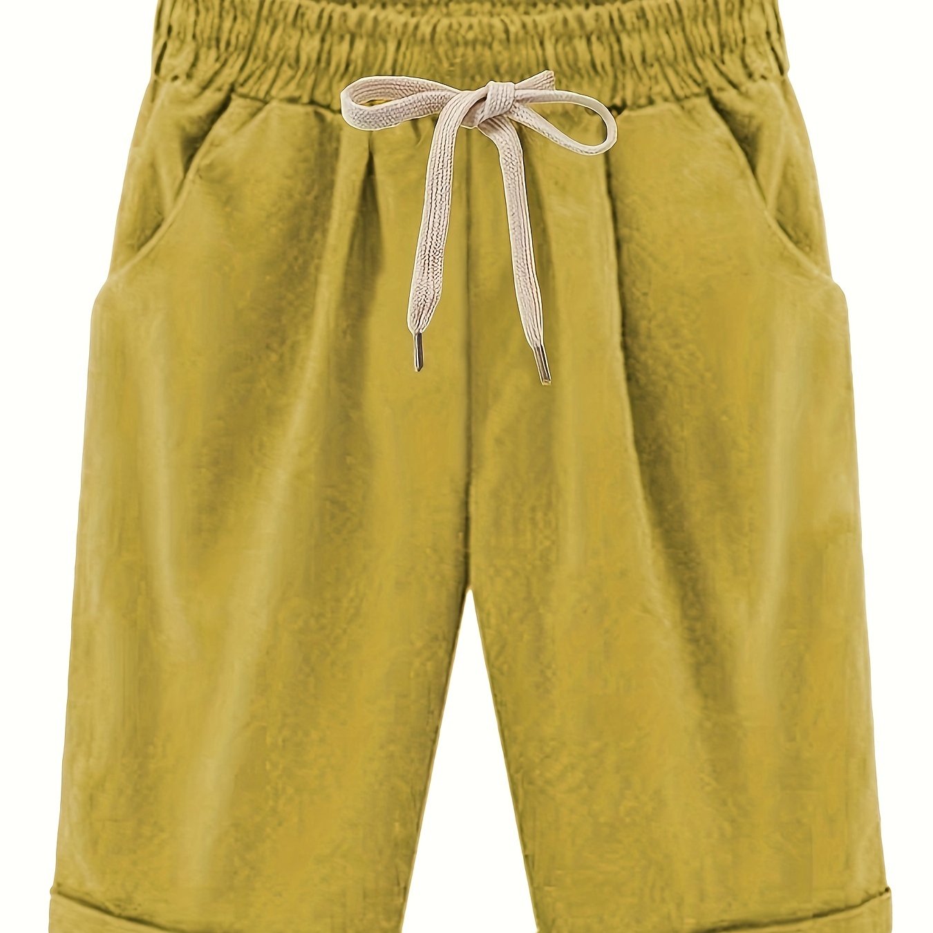 Women's Plus Size High Rise Drawstring Shorts with Pockets Solid Casual Cotton Stretch
