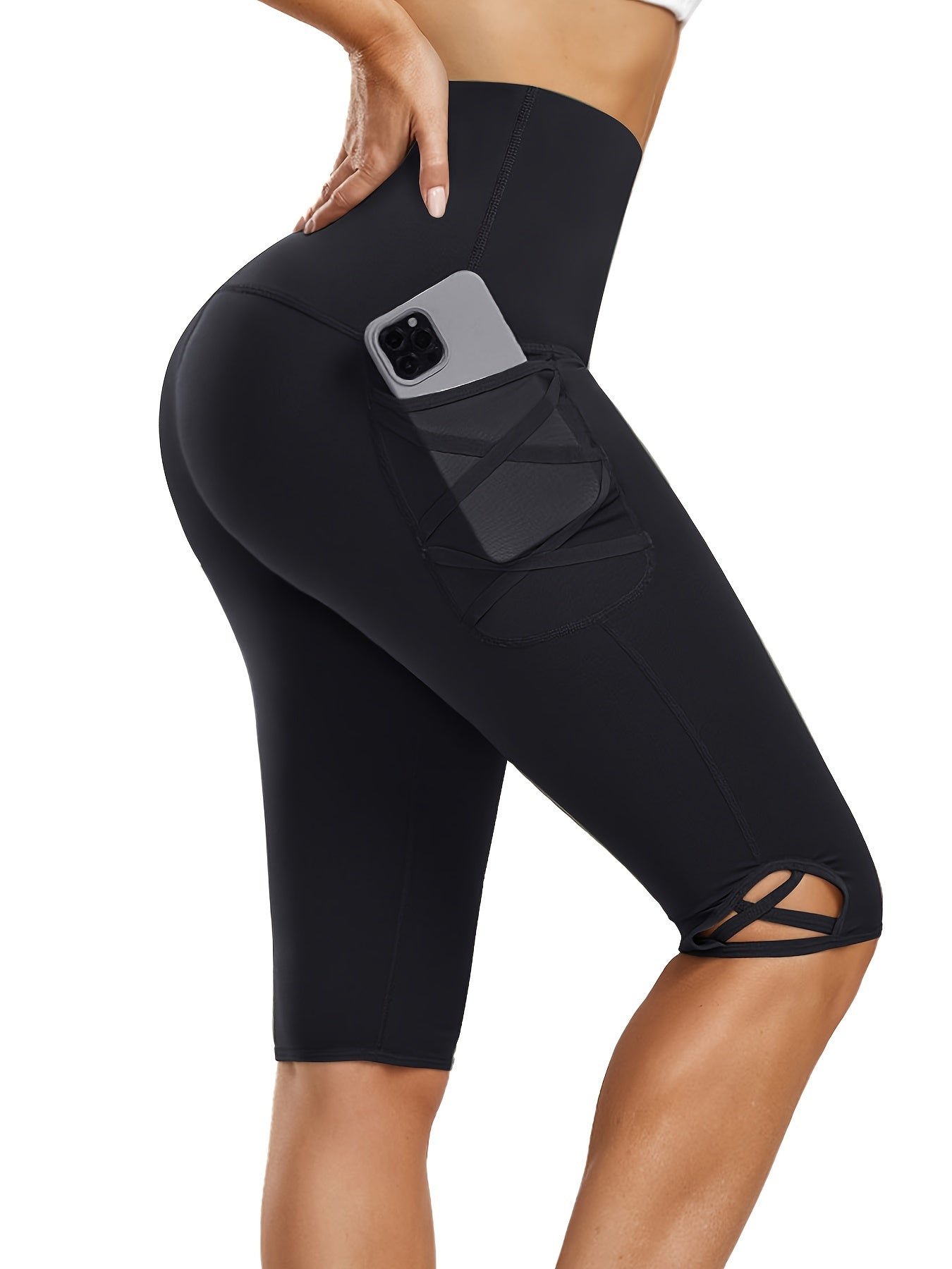 Women's High Waist Shaping Shorts Tummy Control Phone Pockets Solid Knit Fabric