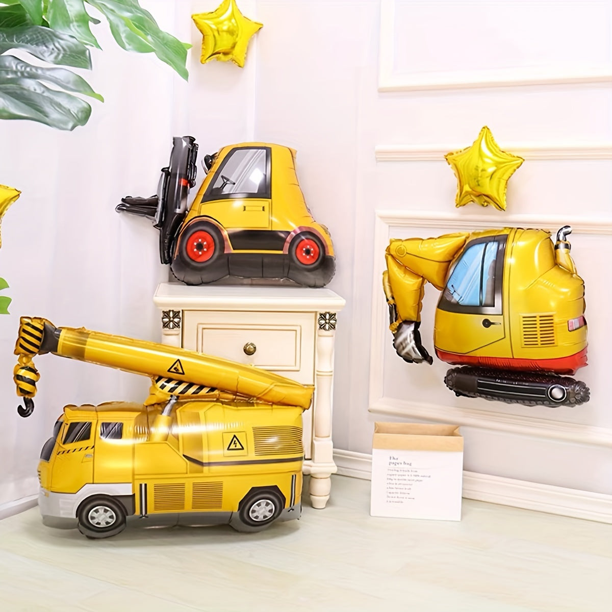 Set of 4 Construction Vehicle Foil Balloons for Birthday Party Decorations