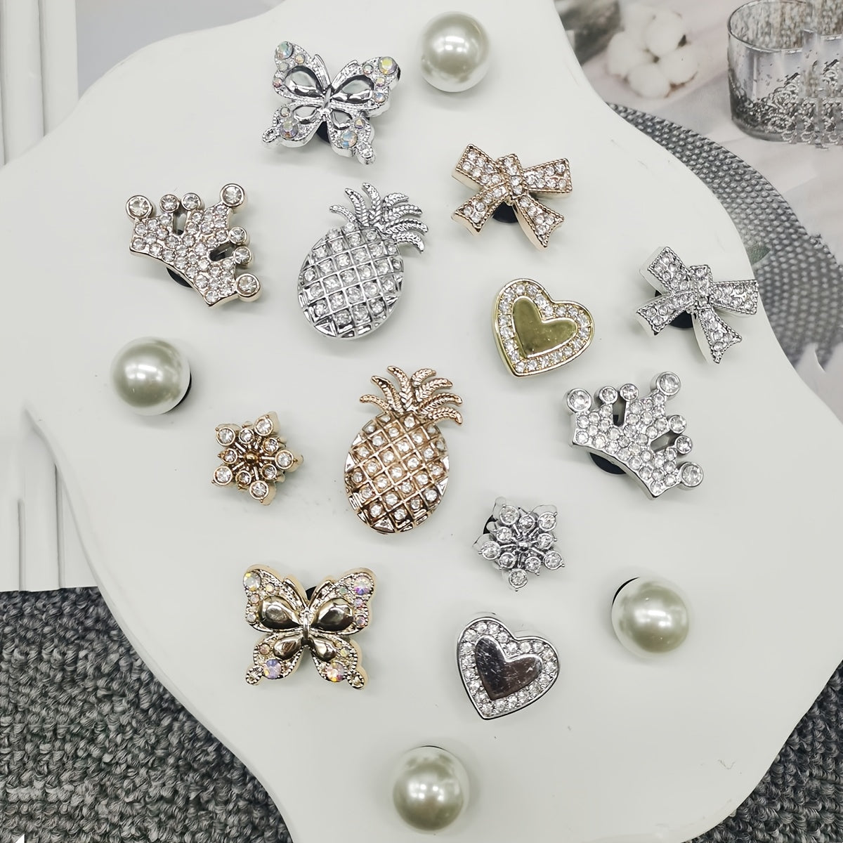 Women Shoe Charms 16pcs Rhinestone Pineapple Bow Snowflake Bead Decor