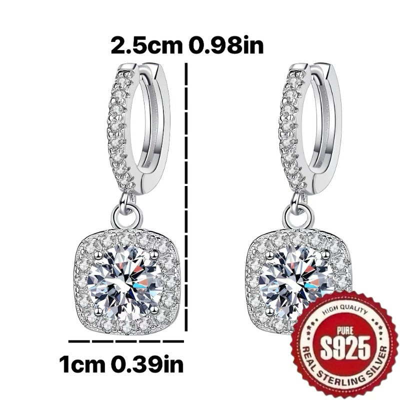 Sterling Silver Square Pendant Earrings with Synthetic Zirconia Retro Elegant Design