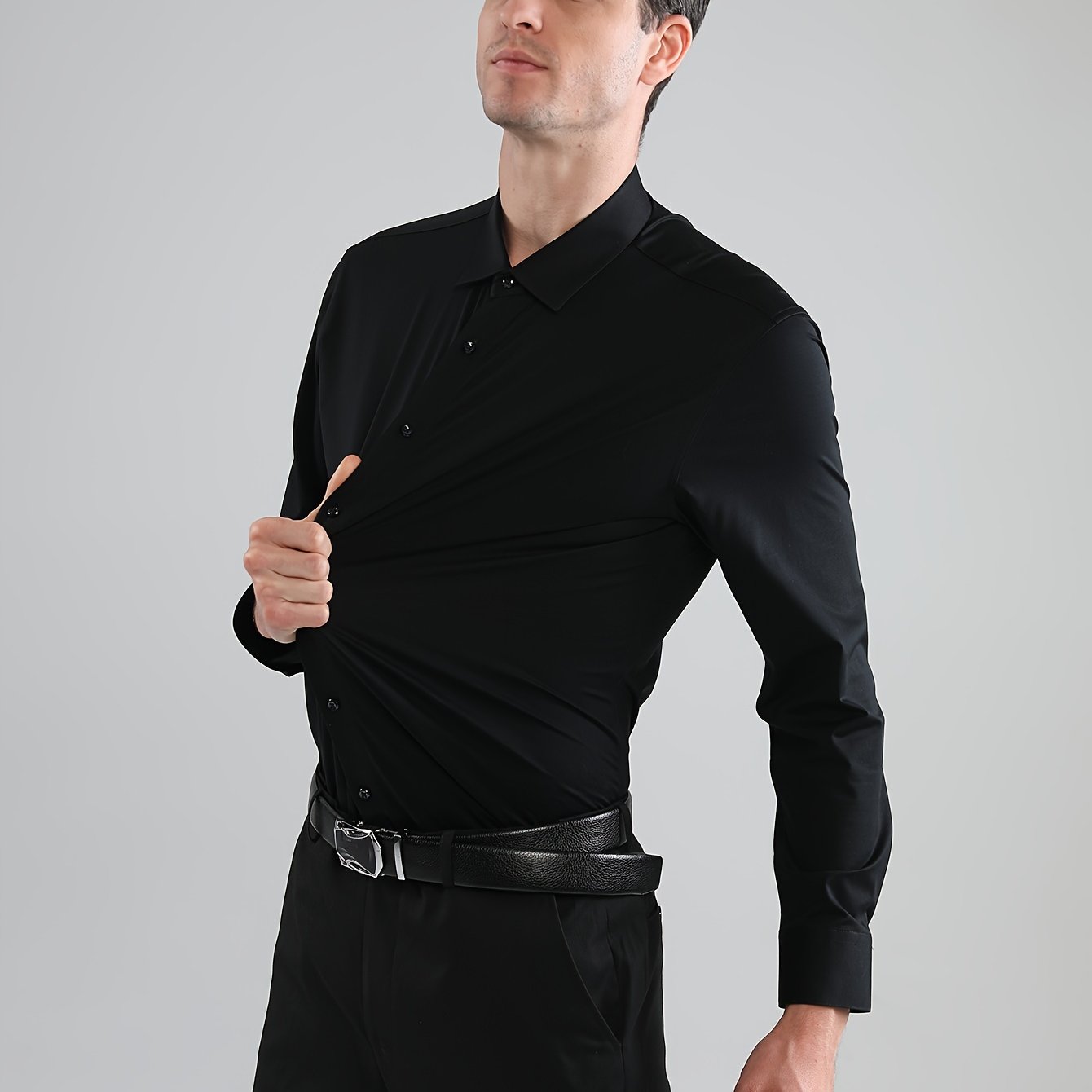 Men's Solid Color Long Sleeve Dress Shirt Stretch Polyester Business Casual Button-Up Collared