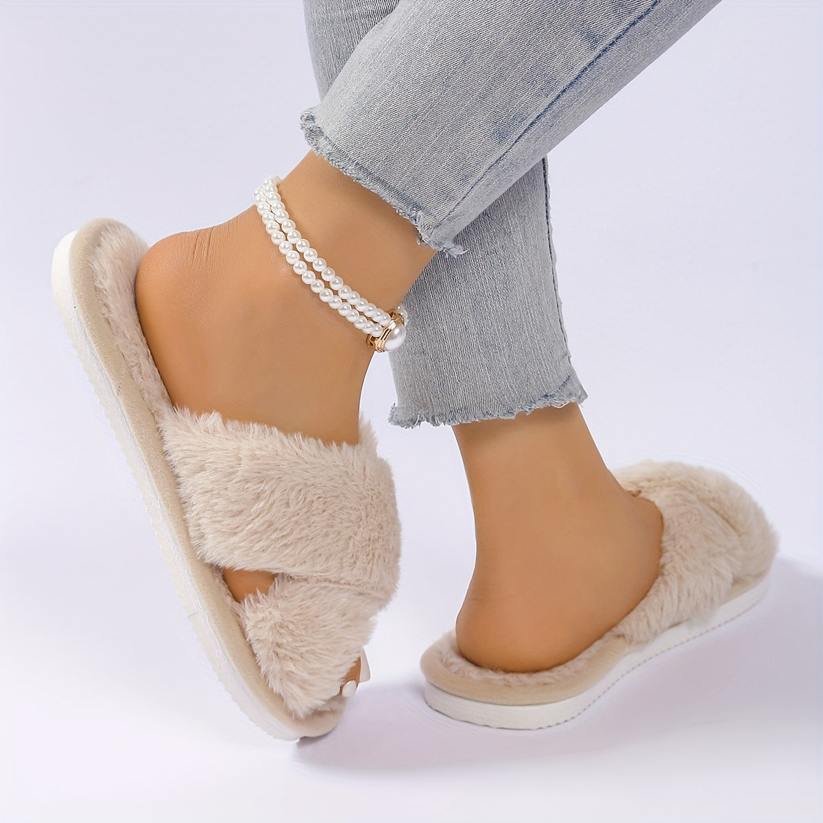 Women Plush Home Slippers All-Season Cross-Strap Black White