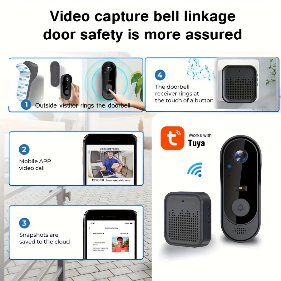 Wireless Video Doorbell with Night Vision 2-Way Audio Rechargeable Battery Indoor Outdoor