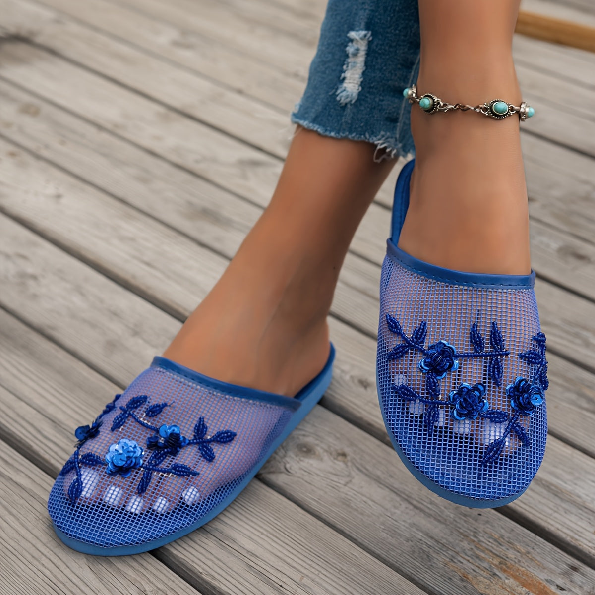 Women's Black Mesh Slide Sandals with Spider Web Pattern Lightweights