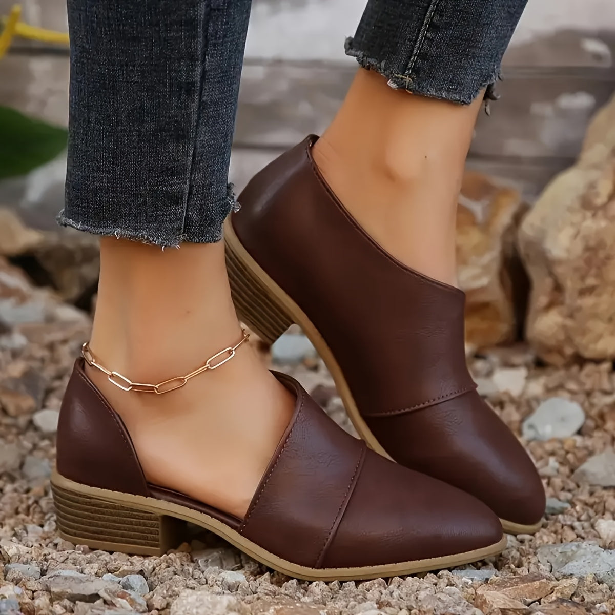 Women's Slip-On Pointed Toe Ankle Boots with Chunky Heel and Cut-Out Design