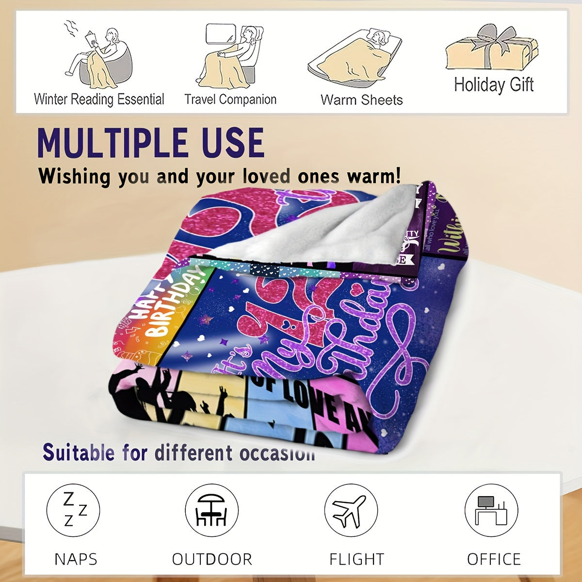 Kids Girl Birthday Blanket Soft Polyester Throw with Fun Messages and Patterns