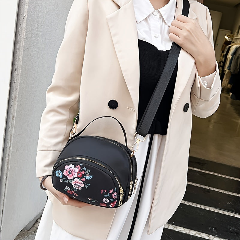 Floral Nylon Crossbody Bag for Women with Adjustable Strap and Zipper Closure