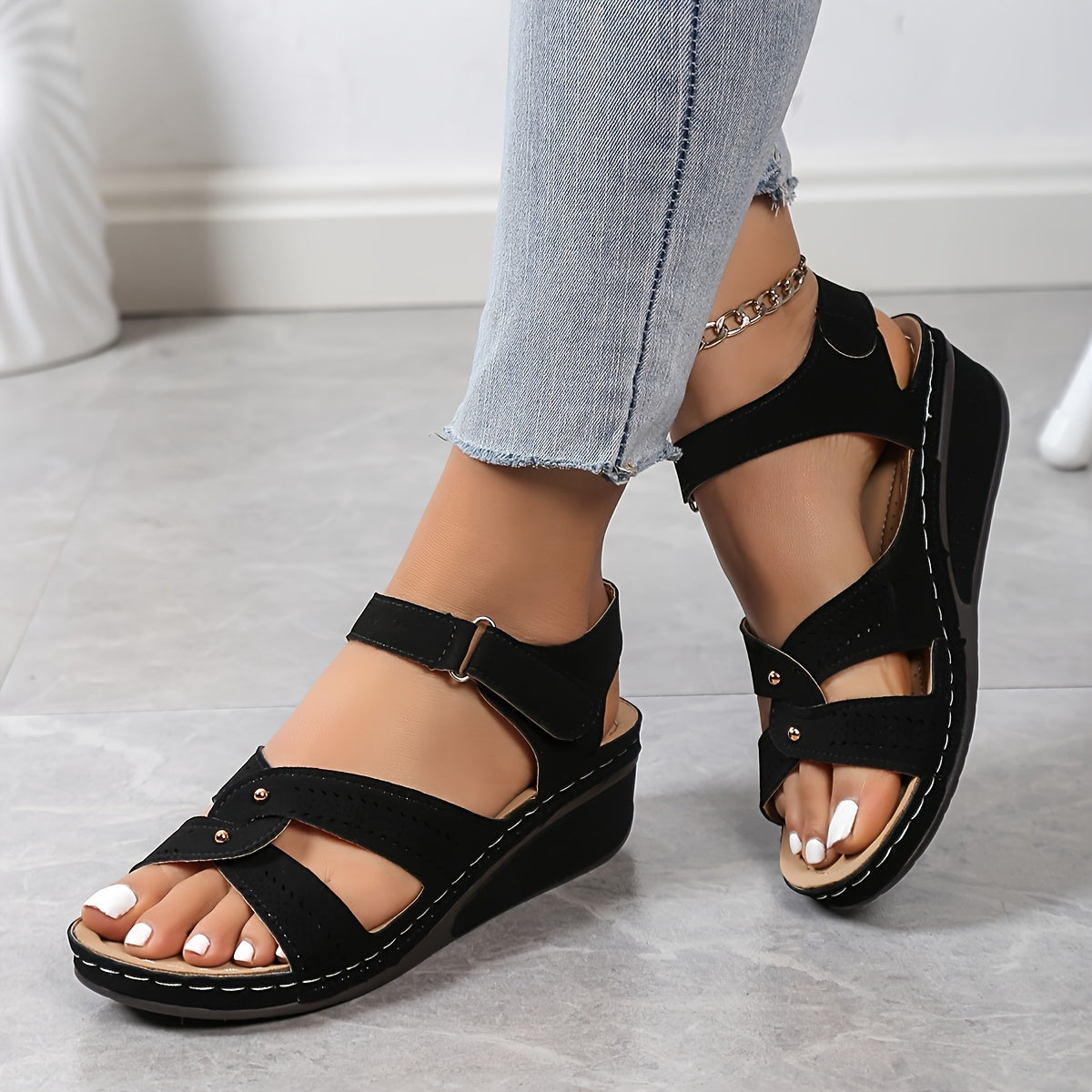 Women's Wedge Sandals Faux Cover Open Toe Floral Accents