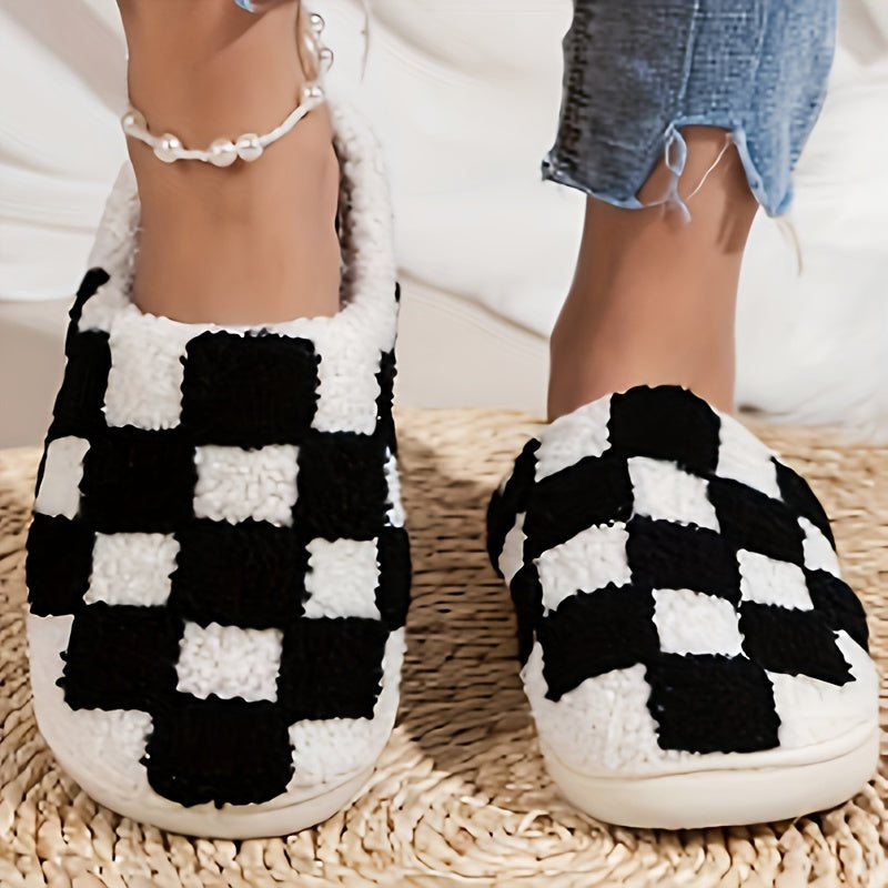 Женские домашние тапочки из плюша в клетку, синие и белые, для дома и улицы