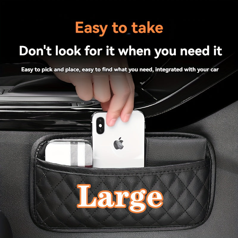 Black Quilted PU Leather Car Seat Organizer for Phone Keys Coins Storage