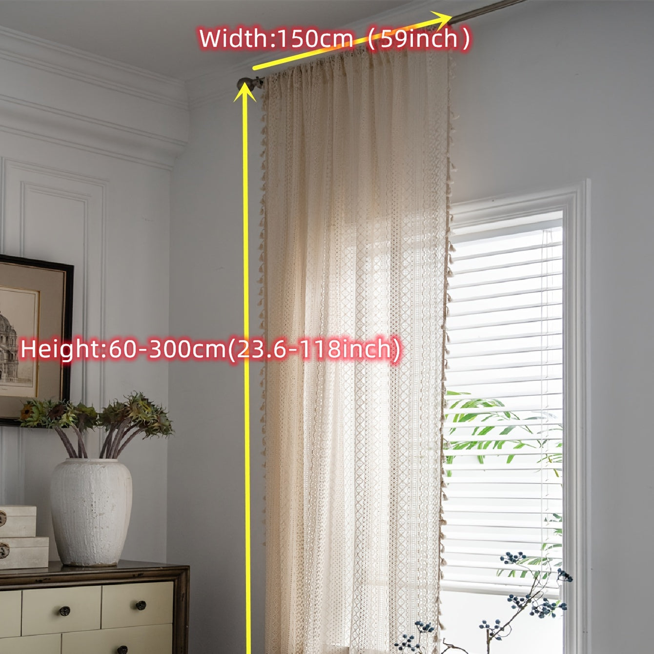 Beige Boho Curtains with Fringe and Gold Details UV Protection Rod Pocket for Living Room Kitchen