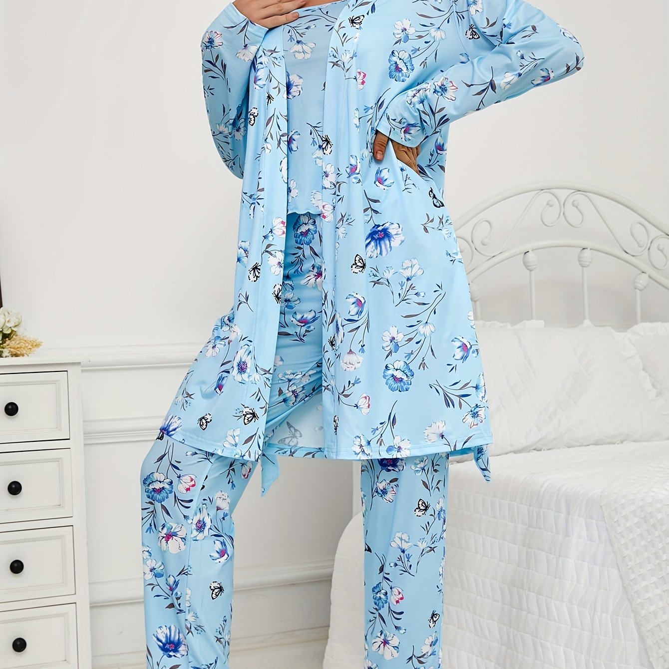 Women's Floral Butterfly Print 3-Piece Pajama Set Long Pants Long Sleeve Belted Robe All-Season Loungewear