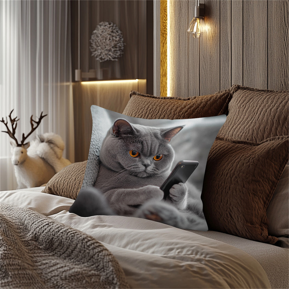 Cat Phone Pillow Cover Double-Sided Woven Polyester Fade-Resistant Decorative Pillowcase 45.72cm