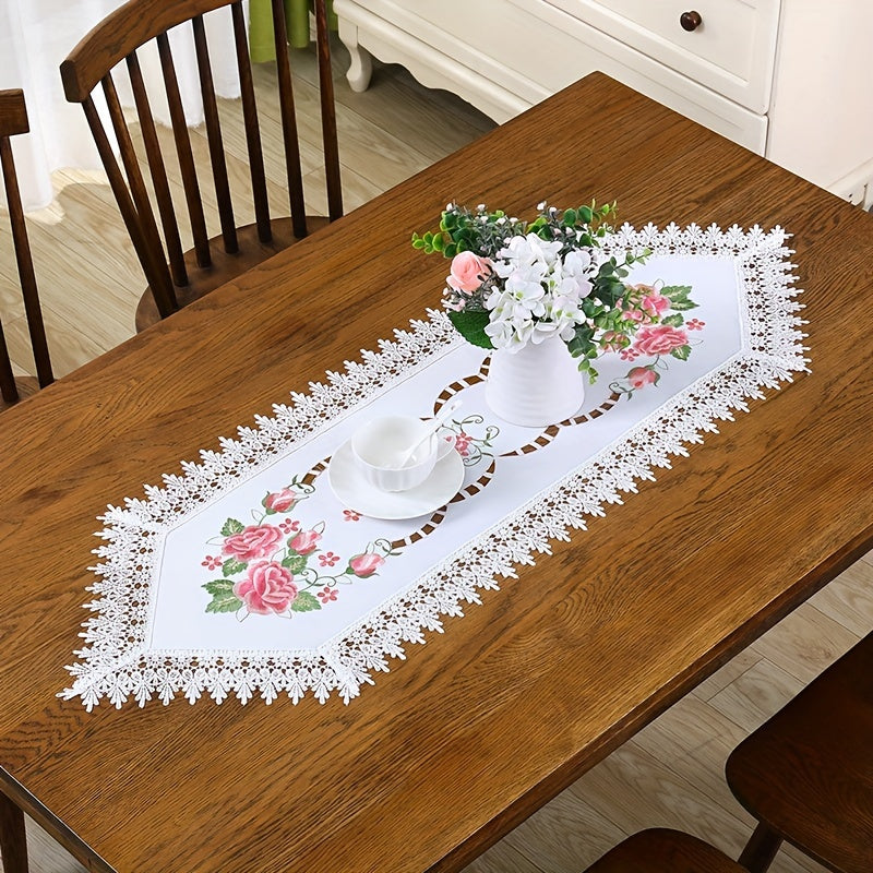 Camino de mesa floral rosa bordado a mano con encaje para cenas y días festivos