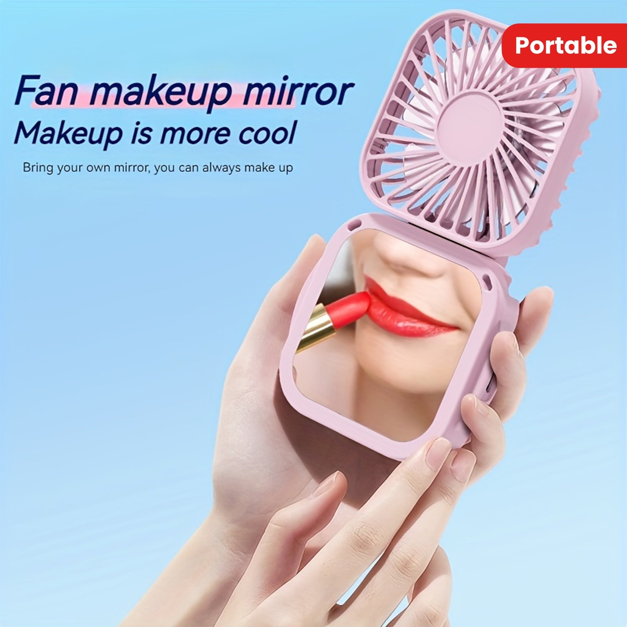 Portable Mini Folding Handheld Fan with Makeup Mirror and 3-Speed Settings
