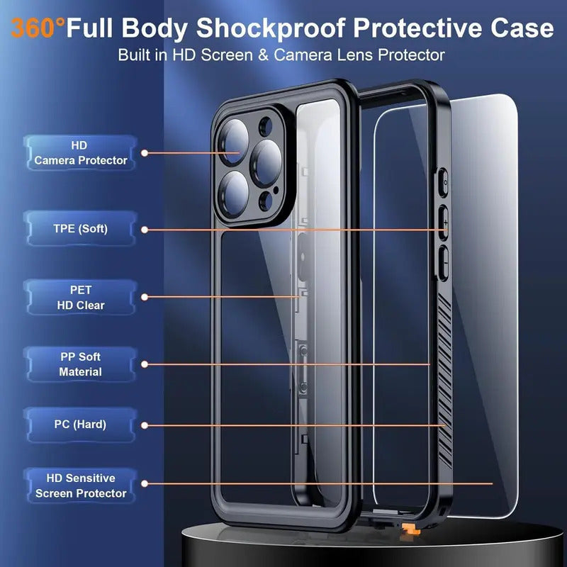 Waterproof iPhone 16 Case Shockproof TPU Back Screen Protector Lanyard Dust Snow Resistant