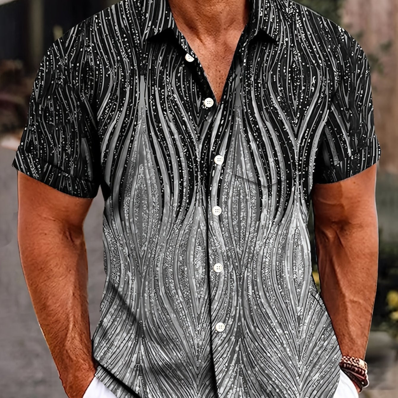 Men's Summer Vintage Ombre Gradient Print Woven Short Sleeve Shirt
